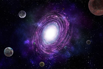 Wall Mural - Fantasy with planet against starry sky on deep background. Cosmic celestial sky. Abstract space backdrop. Outer space. Night scene. Sound of cosmic radiation of the universe