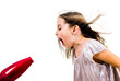 © _jure - Girl is yelling, shouting at blow dryer - hair dryer.