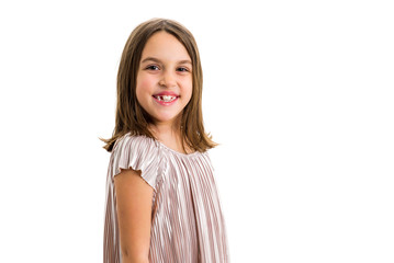 Portrait of happy young little girl with emotions on white.