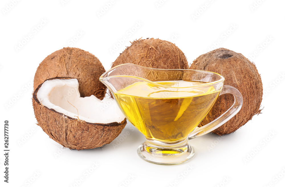 Composition with coconut oil on white background