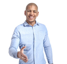 Handsome African-American Man Extending Hand For Handshake On White Background
