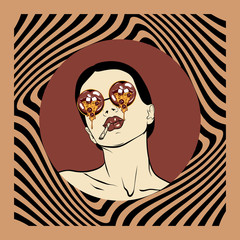 Wall Mural - Vector hand drawn illustration of girl in sunglasses with mouths with slice of pizza,