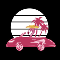 Wall Mural - Vector hand drawn illustration of flamingo in retro car with palms isolated.