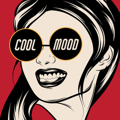 cool mood. vector hand drawn illustration of pretty girl in sunglasses .