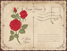 Vintage Greeting Card Or Postcard With Red Roses. Romantic Vector Card In Vintage Style With Calligraphic Inscription I Love You And Place For Text
