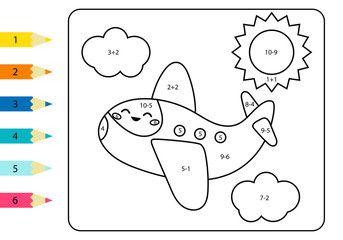 coloring page by addition and subtraction numbers. vector kawaii plane. math worksheet for kids. tra
