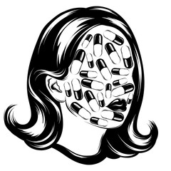 Wall Mural - Vector hand drawn illustration of girl with pills on her face isolated.