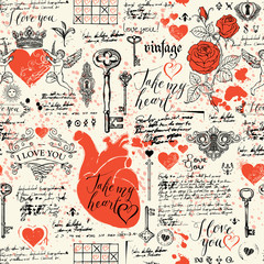 Poster - Vector seamless pattern on the theme of Declaration of love and Valentine day in retro style. Abstract background with hearts, roses, keys, keyholes, cupids and handwritten inscriptions