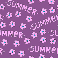 Pink summer pattern for background or package. Seasons concept with flowers. Handwritten modern lettering.