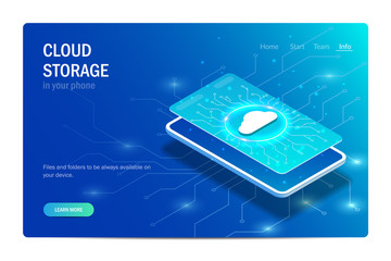 Cloud storage in your phone. Concept. Glowing cloud icon on the smartphone screen. Editable vector isometric illustration in hi tech style.