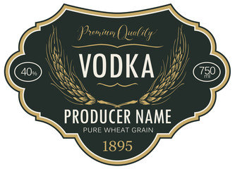 Wall Mural - vector label for vodka in the figured frame with ears of wheat and inscriptions on a black backgroun
