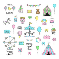 Fair, carnival, circus vector illustrations collection. Amusement park graphic outlined hand drawn icons of carousel, wheel, circus tent, funfair food. Isolated.