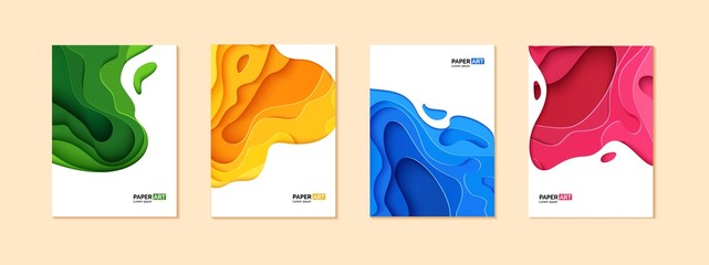 Wall Mural - set of four flyers in cut paper style. blue, green, yellow and pink template for posters, brochures,