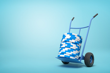 Poster - 3d rendering of stack of blue and white poker chips on blue hand truck on light-blue background with copy space.