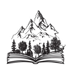 Wall Mural - Open book with forest and mountains. Black and white hand drawn sketch. Vector illustration