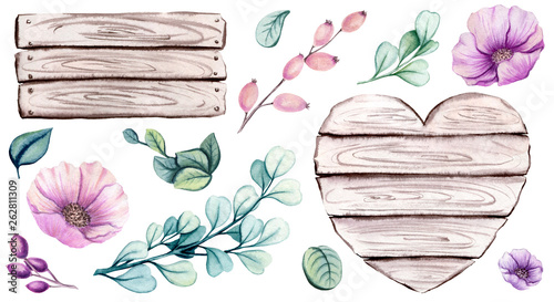 Set of Watercolor Leaves, Flowers and Woods