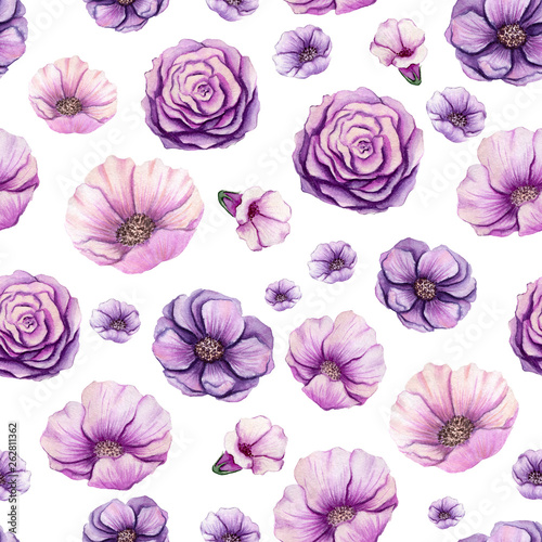 Seamless Pattern of Watercolor Wild Flowers
