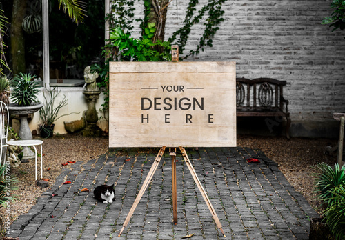 Download Vintage Wood Board Mockup In Outdoor Cafe Stock Template Adobe Stock