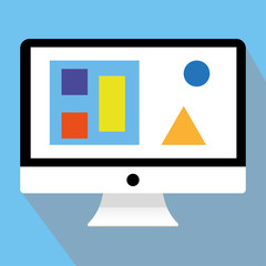 Fototapete - Black and white Computer desktop with graph and figures with grey shadow on blue background. desctop computer with info chart graphics vector eps10.