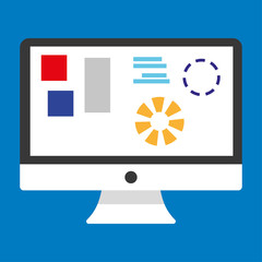 Fototapete - Black and white Computer desktop with graph and figures on blue background. desctop computer with info chart graphics vector eps10.