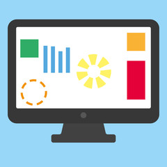 Fototapete - Black Computer desktop with graph and figures on blue background. desctop computer with info chart graphics vector eps10.