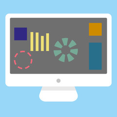 Fototapete - White computer desktop with graph and figures on blue background. Desctop computer with info chart graphics vector eps10.