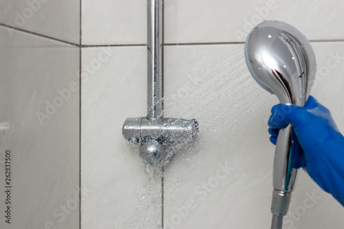 Close Up Of Shower Mixer Faucet With Limescale White Chalky