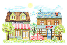 Composition With Cartoon Restaurant And Shop Buildings Surrounded By Trees, Bushes, Red Car, Grass, Sky And Sun Isolated On White Background. Watercolor Hand Painted Illustration