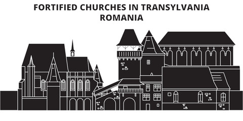 Fortified Churches In Transylvania ,  Romania, flat landmarks vector illustration. Fortified Churches In Transylvania ,  Romania line city with famous travel sights, design skyline. 