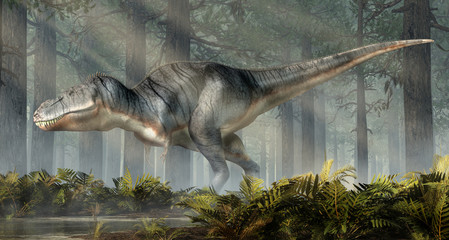 Aufkleber - A tyrannosaurus rex stands a dense prehistoric forest. The most popular carnivorous dinosaur, this predator lived during the Cretaceous period. 3D Rendering.
