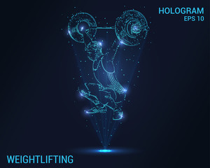 Wall Mural - Weightlifting hologram. Holographic projection weightlifting. Flickering energy flux of particles. The scientific design of the sport.
