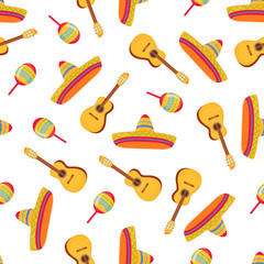 Cinco de Mayo. 5th of May. Sombrero, Maracas and Guitar. Mexican broad-brimmed straw hat seamless pattern. Can be used as wallpaper, wrapping paper, textiles.