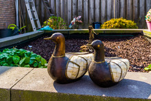 Wooden Duck Statuettes With Decorated Wings, Bird Sculptures For The Garden, Backyard Decorations