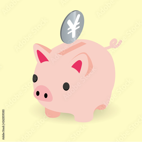 かわいいブタ 豚 の貯金箱と硬貨のイラスト 貯金 節約のイメージ