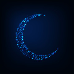 Wall Mural - Glowing low polygonal crescent moon made of stars, lines on dark blue night background.