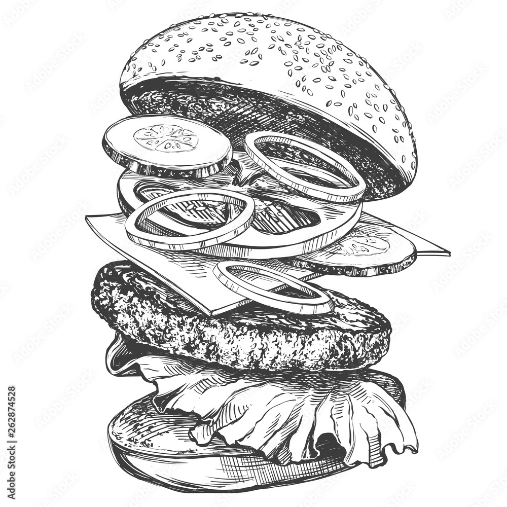 big burger, hamburger hand drawn vector illustration realistic sketch - obrazy, fototapety, plakaty 