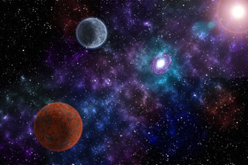 Wall Mural - Fantasy with planet against starry sky on deep background. Cosmic celestial sky. Abstract space backdrop. Outer space. Night scene. Sound of cosmic radiation of the universe