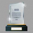 Glass trophy plaque award. Glossy transparent prize. Vector illustration.