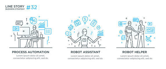  Set of illustrations concept with businessmen. technology, partnership, connection, business robot, cybes. linear illustration Icons infographics. Landing page site print poster. Line story