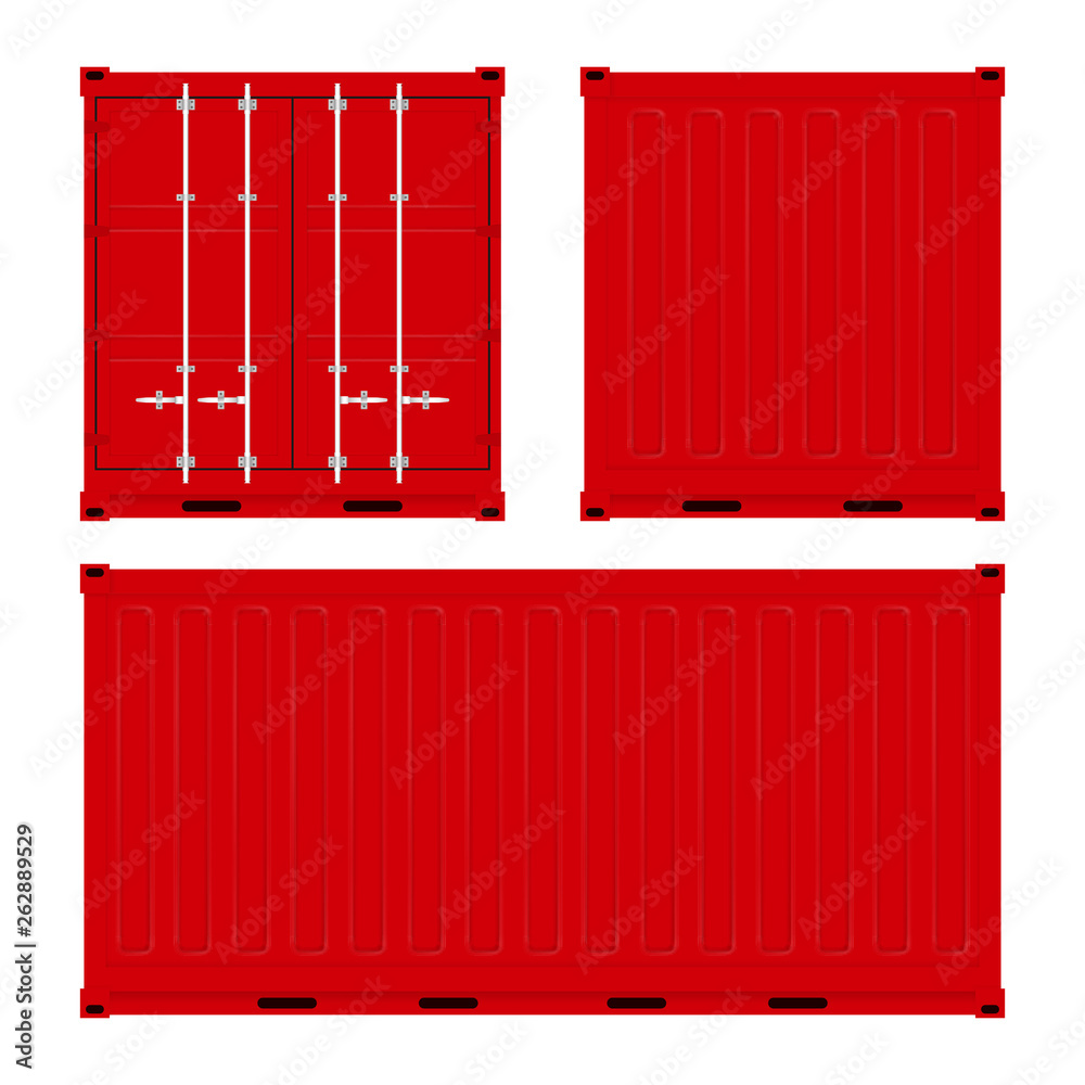 Red cargo shipping container set. Back, front and side view. Vector ...