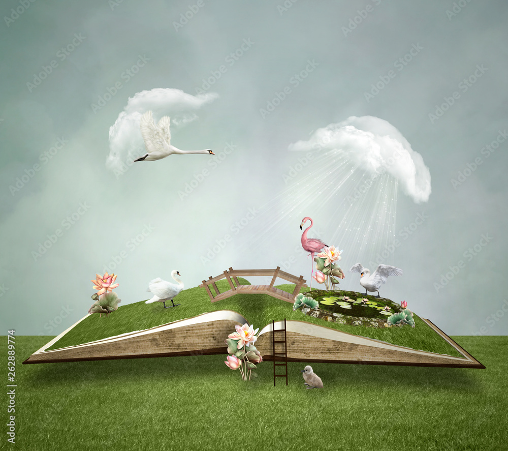 Open book with little green world inside – 3D illustration - obrazy, fototapety, plakaty 