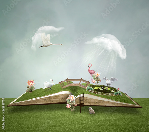 Fotografie, Obraz Open book with little green world inside – 3D illustration