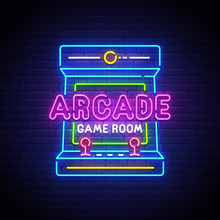 Arcade Games Neon Sign, Bright Signboard, Light Banner. Game Logo Neon, Emblem. Vector Illustration