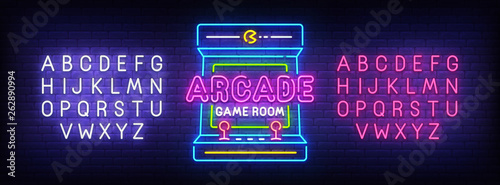 Foto  Arcade Games neon sign, bright signboard, light banner