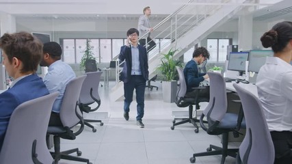 Poster - In Modern Office: Diverse Team of Managers and Specialists Work on Computer, Have Discussion with Colleagues and on the Phone. Young and Motivated Business people in Open Office.