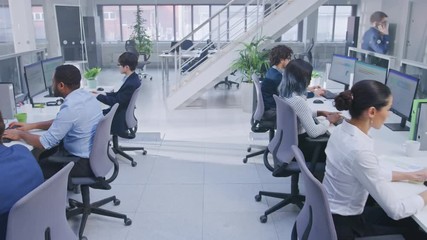 Aufkleber - Diverse Team of Business Managers and Specialists Work on Desktop Computers with Two Rows of Tables Side by Side. Young and Motivated Business people in Modern Open Office.