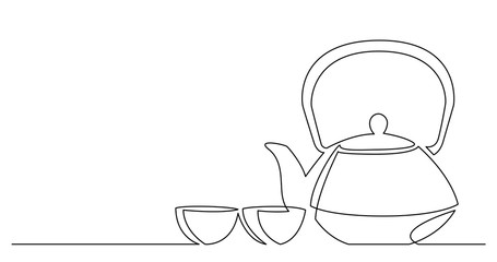 continuous line drawing of oriental style tea pot with cups