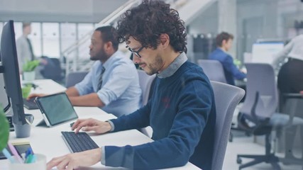 Poster - Young Handsome Manager with Curly Hair Works on a Desktop Computer and Compares Data with a Software. Diverse and Motivated Business People Work on Computers in Modern Open Office.