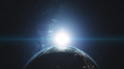 Wall Mural - majestic rotate earth orbit sunlight glow galaxy. cosmos interstellar nebula star radiance spin plan