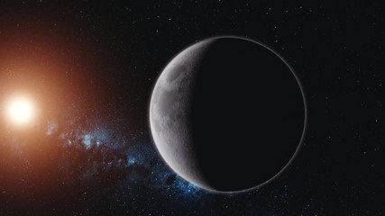 Wall Mural - moon orbit surface sun beam glow starry galaxy. planet motion sight milky way background deep outer 